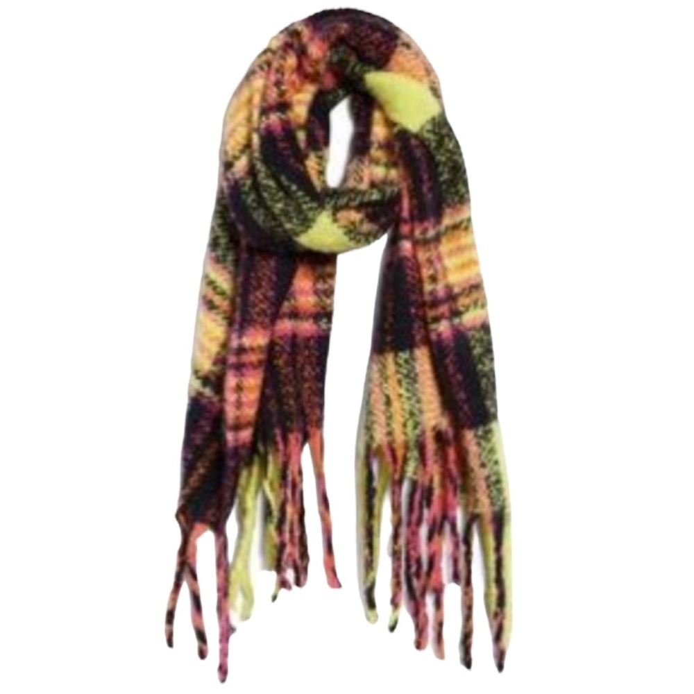 bp Plaid Fringe Scarf in Yellow, Pink, Black and Green